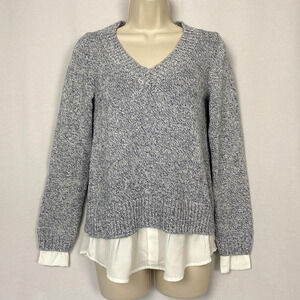 WHBM Sweater Small Womens TwoFer Layered V Neck Long Sleeve Indigo Chunky